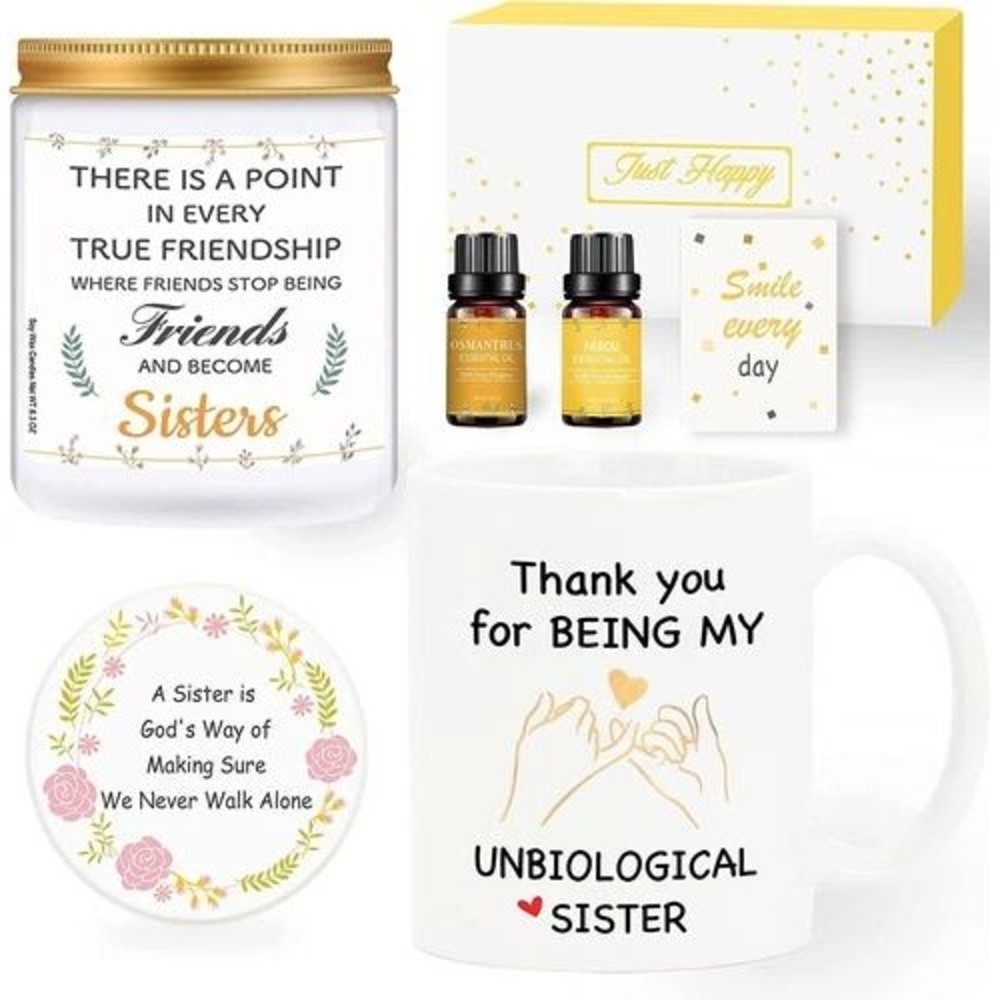 Just Happy Unbiological Sister Gift Set Mug Essential Oils Candle Trinket Tray